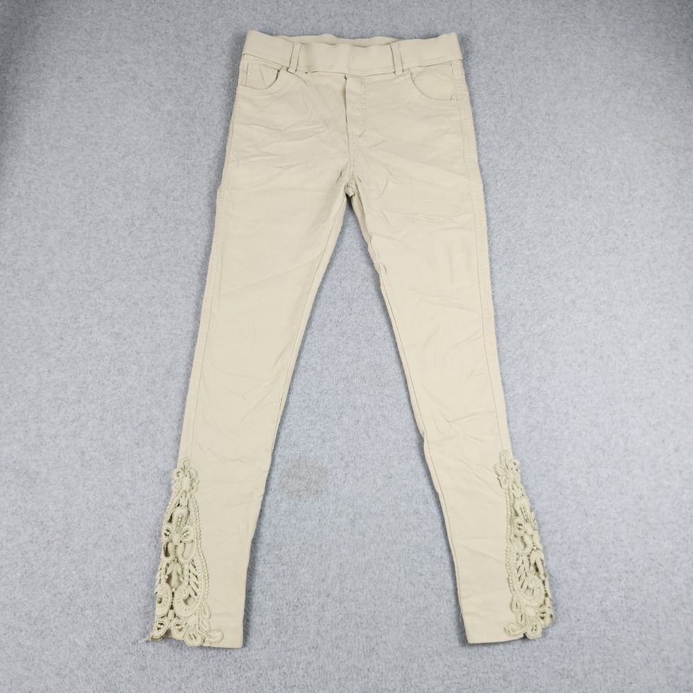 Amaryllis Skinny Pants Womens Medium Beige Stretch Lace Hem High Waisted Pull On